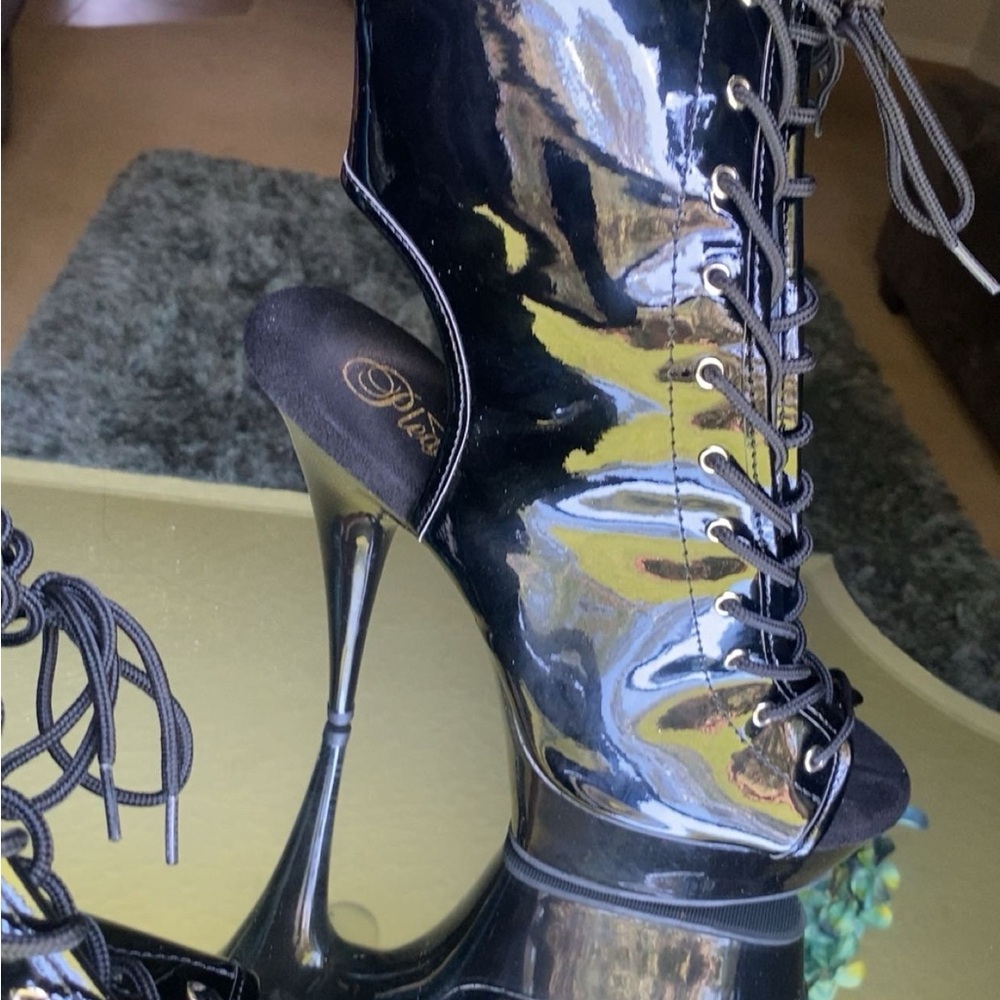 Pleaser Black Patent Lace-Up Ankle Booties